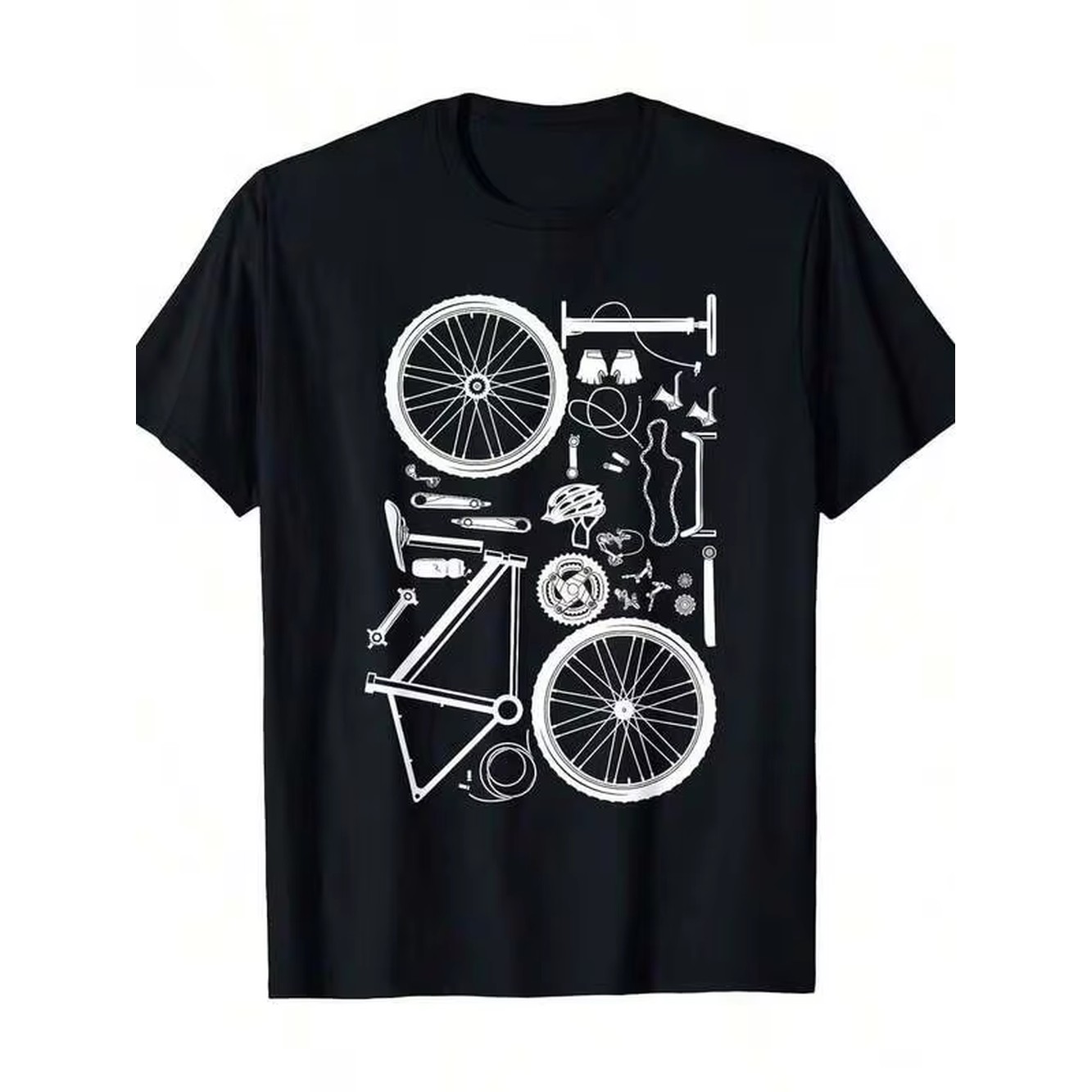 Mountain Biking Shirts - メンズ ブラック コットン サイクリング Tシャツ ホワイトの自転車パーツグラフィック付き